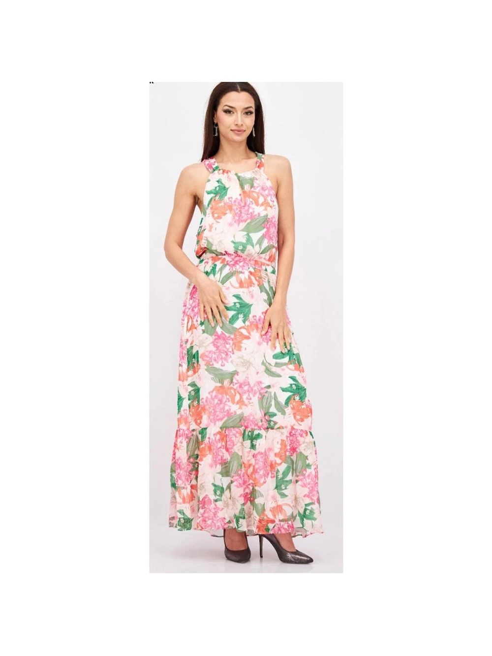 CeCe Pink Floral Print Halter Neck Tie Back Cut Out Pleated Maxi Dress